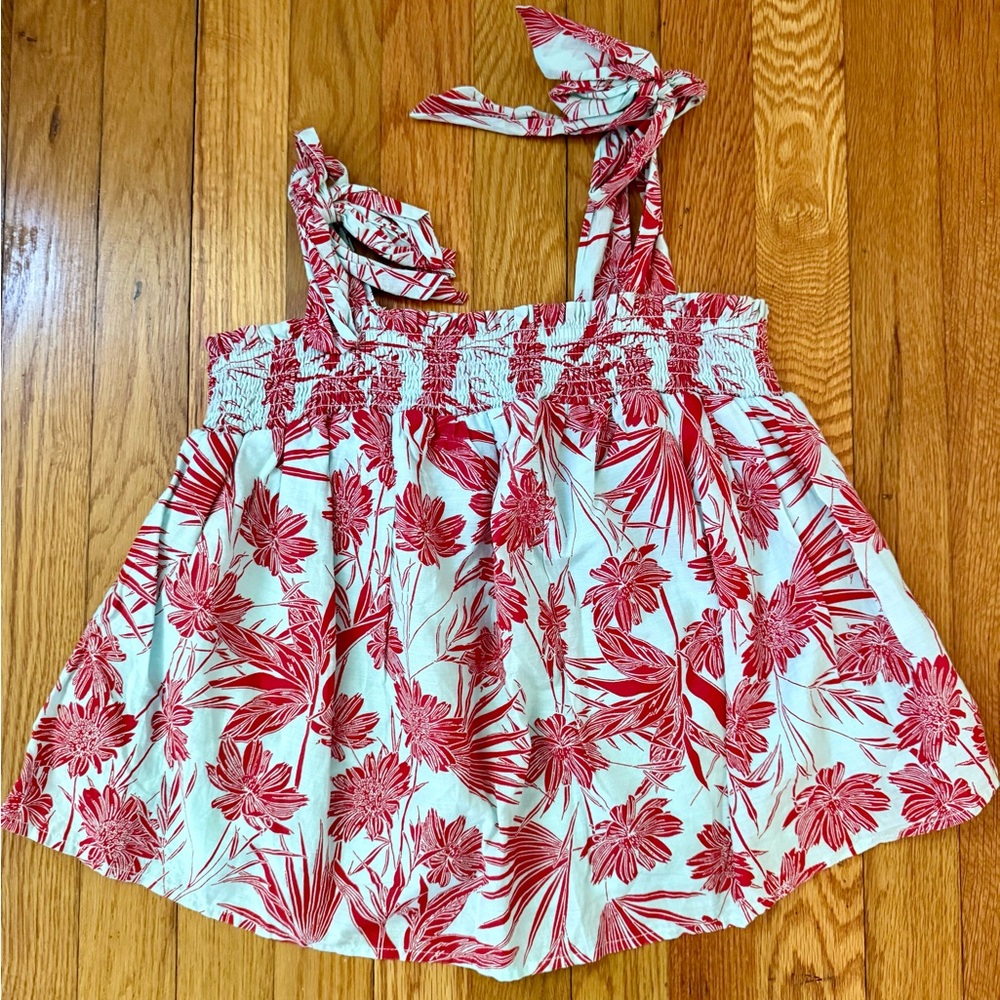 C&C California Red and Light Blue Smocked Top